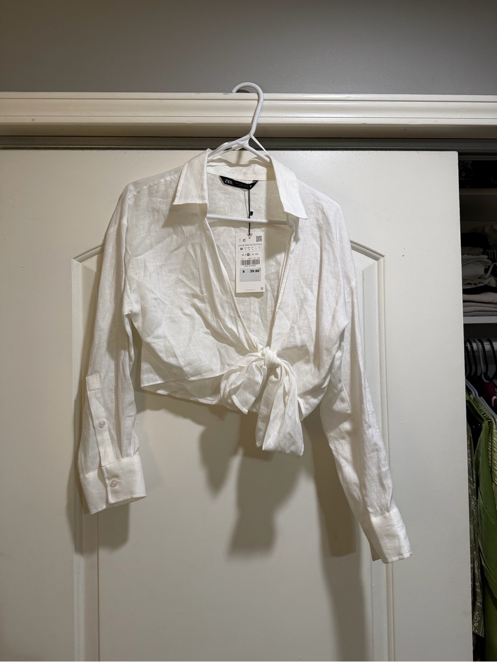 Zara White Tie-Front Cropped Button-Down Shirt